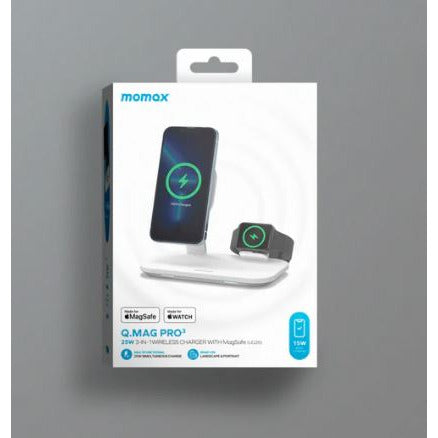 Momax Q.Mag Pro 3 (UD26)   25W 3-in-1 wireless charger with Magsafe - White (UD26W)-smartzonekw