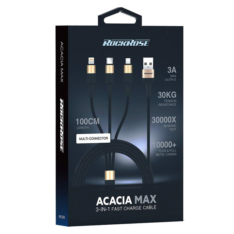 ROCKROSE RRCS05 ACACIA MAX 1.0m 3-in-1 Fast Charge Cable -Black-smartzonekw