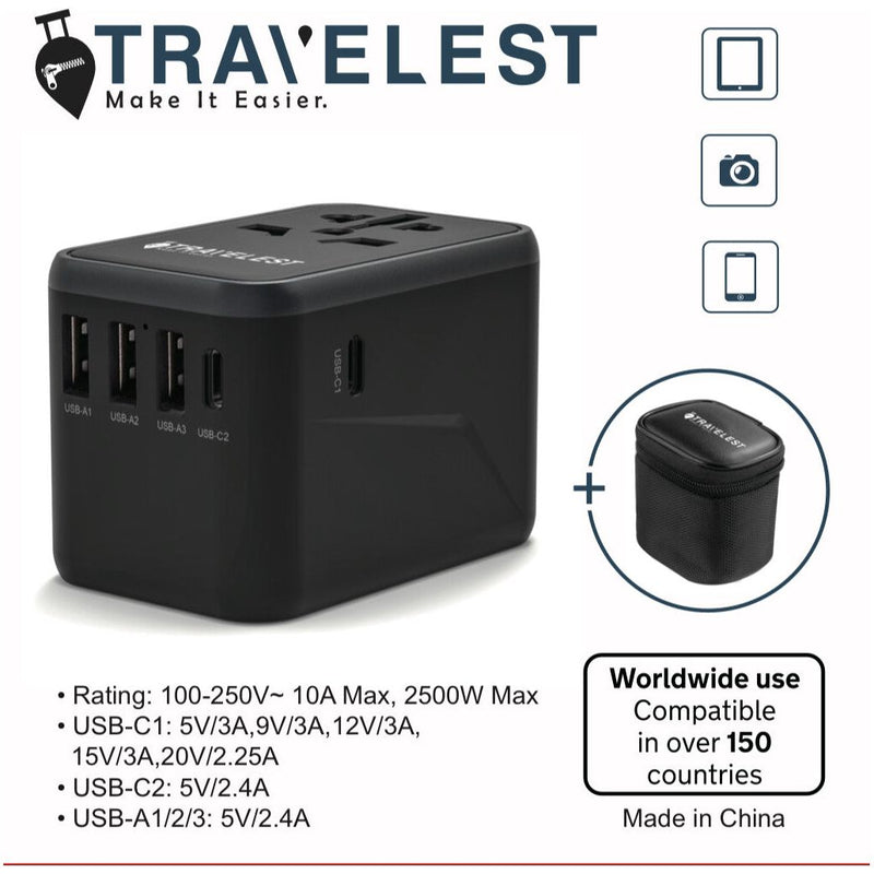 Travelest UNIVERSAL Travel Adapter 2500W 3 USB 2.4A 1 TYPE C PD 45W + 1 TYPE C 2.4A-smartzonekw