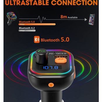 Victsing Wireless FM Transmitter for Car, V5.0 Car Adapter with QC/PD Fast Charging, Support Siri - Black-smartzonekw