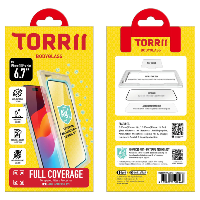 Torrii Bodyglass Screen Protector Anti-Bacterial Coating for iPhone 15 Pro Max (6.7”) – Full Coverage Black-smartzonekw