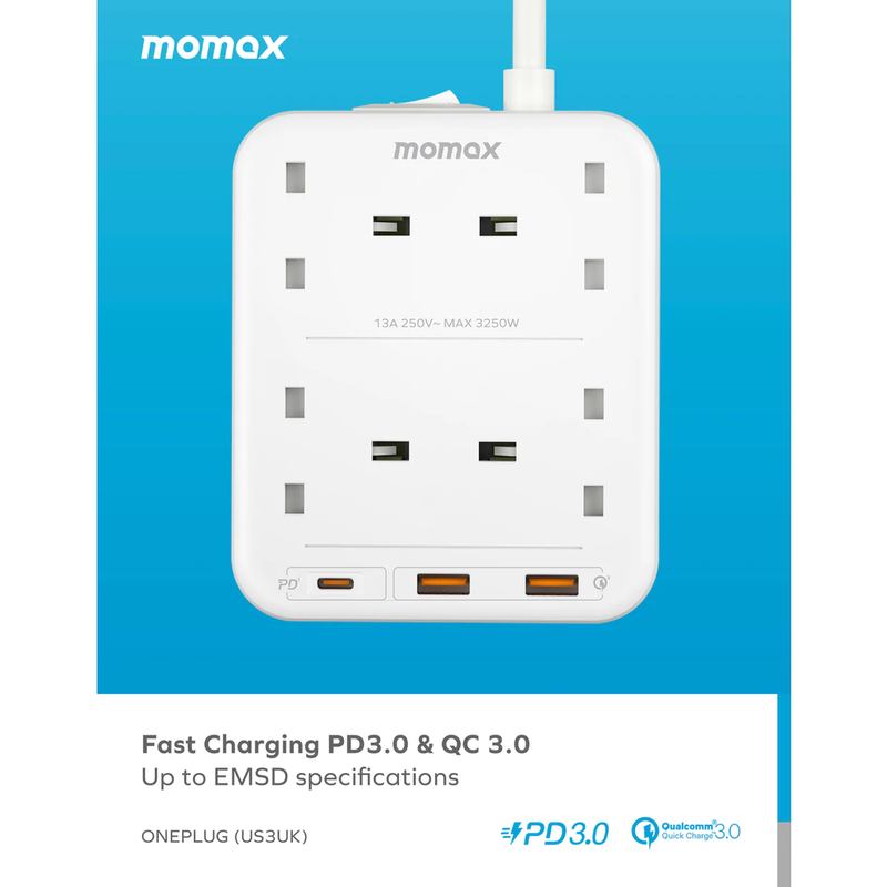 Momax ONEPLUG PD20W 2A1C 4 Outlet Strip - White (US3UKW)-smartzonekw