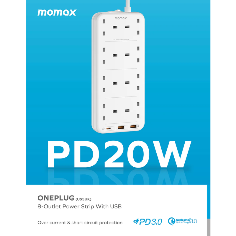 Momax ONEPLUG PD20W 2A1C 8 Outlet Strip  (2 Meters Cord) - White (US5UKW)-smartzonekw