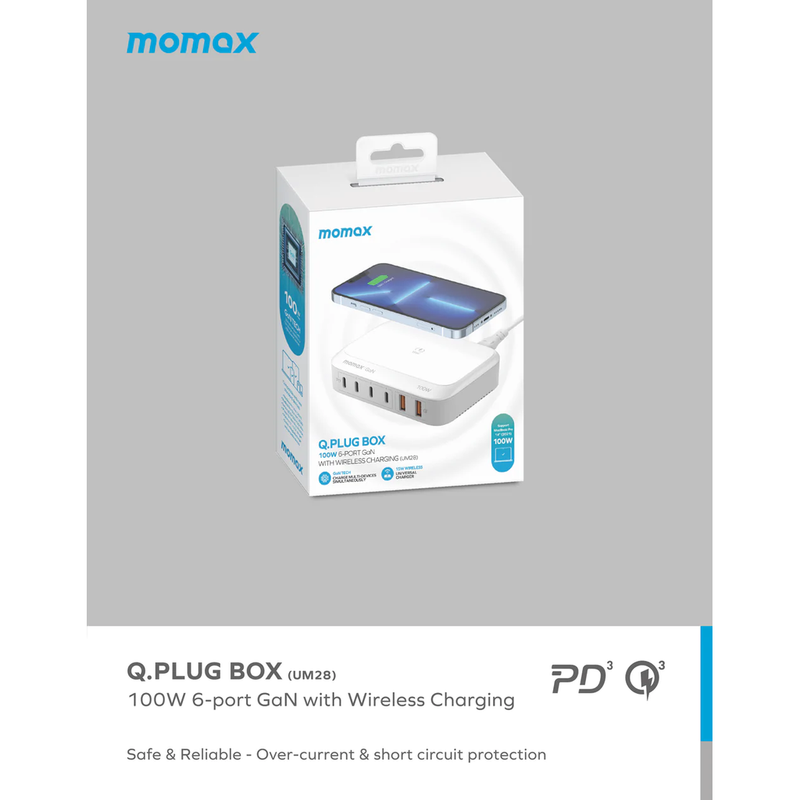 Momax Q.PLUG BOX 100W 6-Port GaN with Wireless Charging - White (UM28UKW)-smartzonekw