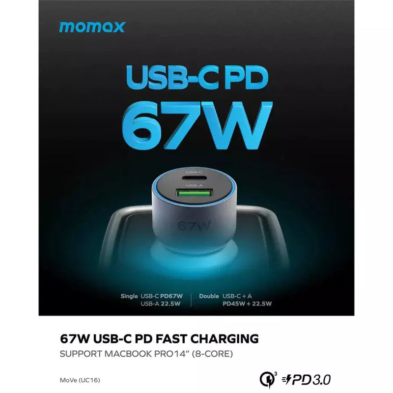 Momax MoVe 67W Dual-port Car Charger - Gray (UC16E)-smartzonekw