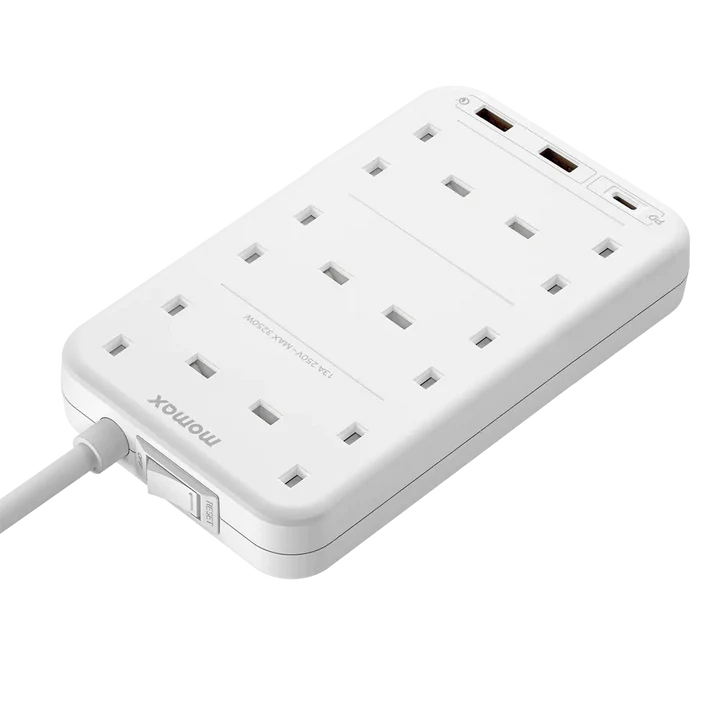 Momax ONEPLUG 6-Outlet Power Strip With USB Power Strip (2 Meters Cord) - White (US12UKW)-smartzonekw