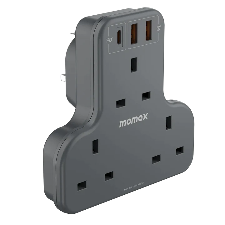 Momax ONEPLUG 3-Outlet T-shaped Extension Socket with USB - Black (US6UKE)-smartzonekw