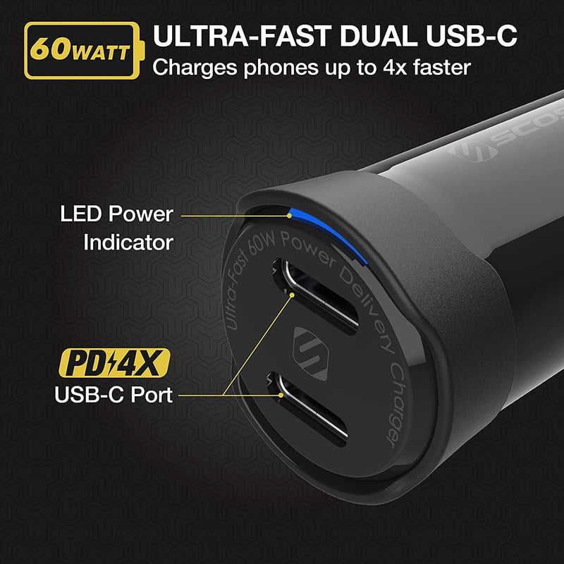 Scosche Powervolt 60W Certified Dual Usb Type-C + Type-C Fast Car Charger Power Delivery 3.0 With Pps For All Smartphones Usb-C Devices - Black-smartzonekw