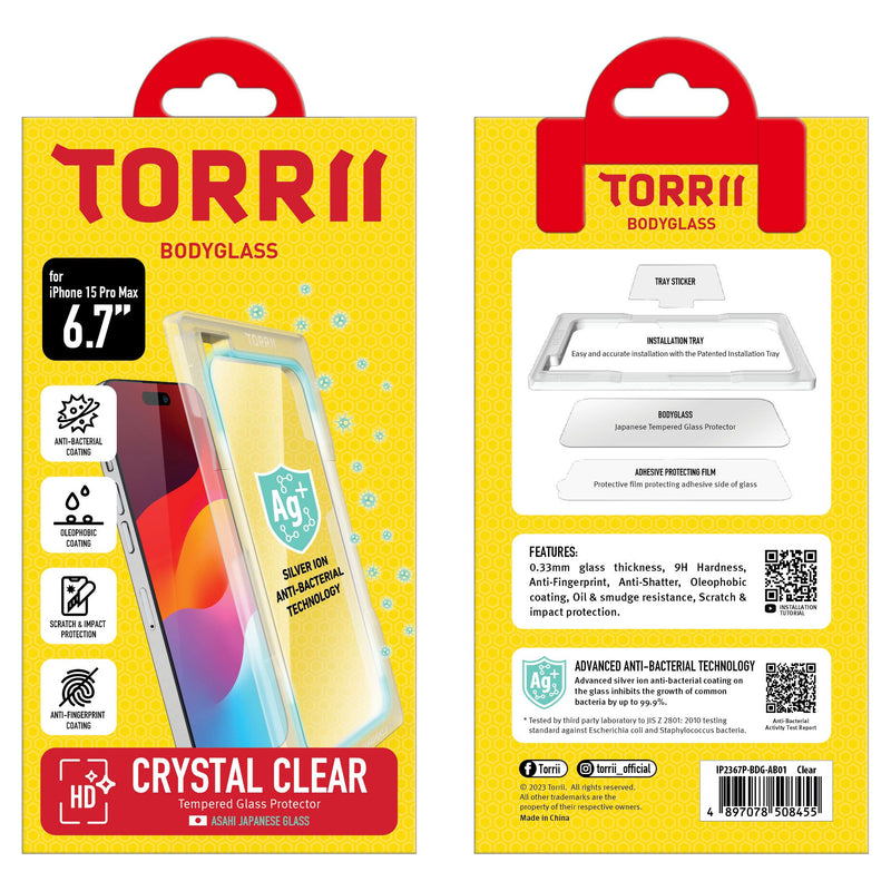 Torrii Bodyglass Screen Protector Anti-Bacterial Coating for iPhone 15 Pro Max (6.7”) – Clear-smartzonekw