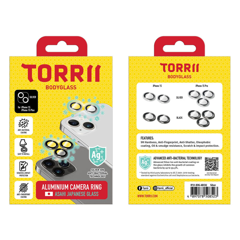 Torrii Bodyglass Camera Lens Protector (Individual Aluminium Ring) Anti-Bacterial Coating for iPhone 15 / iPhone 15 Plus – Silver-smartzonekw