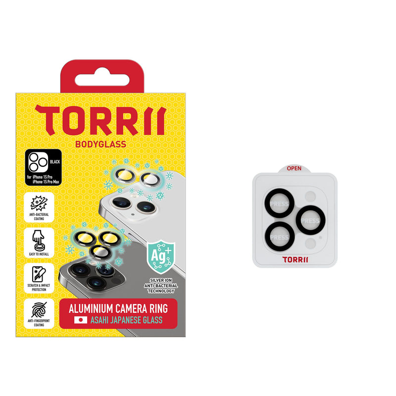 Torrii Bodyglass Camera Lens Protector (Individual Aluminium Ring) Anti-Bacterial Coating for iPhone 15 Pro / iPhone 15 Pro Max – Black-smartzonekw