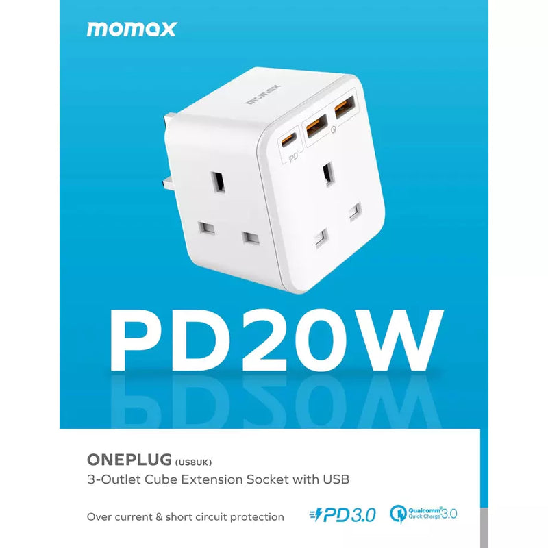 Momax ONEPLUG PD20W 2A1C 3 Outlet Strip - White (US8UKW)-smartzonekw