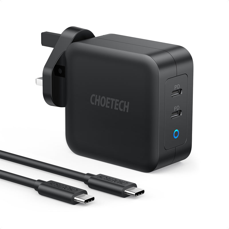 CHOETECH PD 100W GaN dual USB-C UK Charger with CC cable - Black (PD6008-UK-CCBK)-smartzonekw
