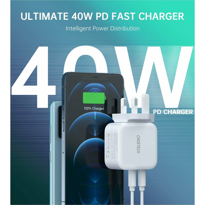 Choetech 40W Dual USB C Port Charger - White (PD6009 UK) - smartzonekw
