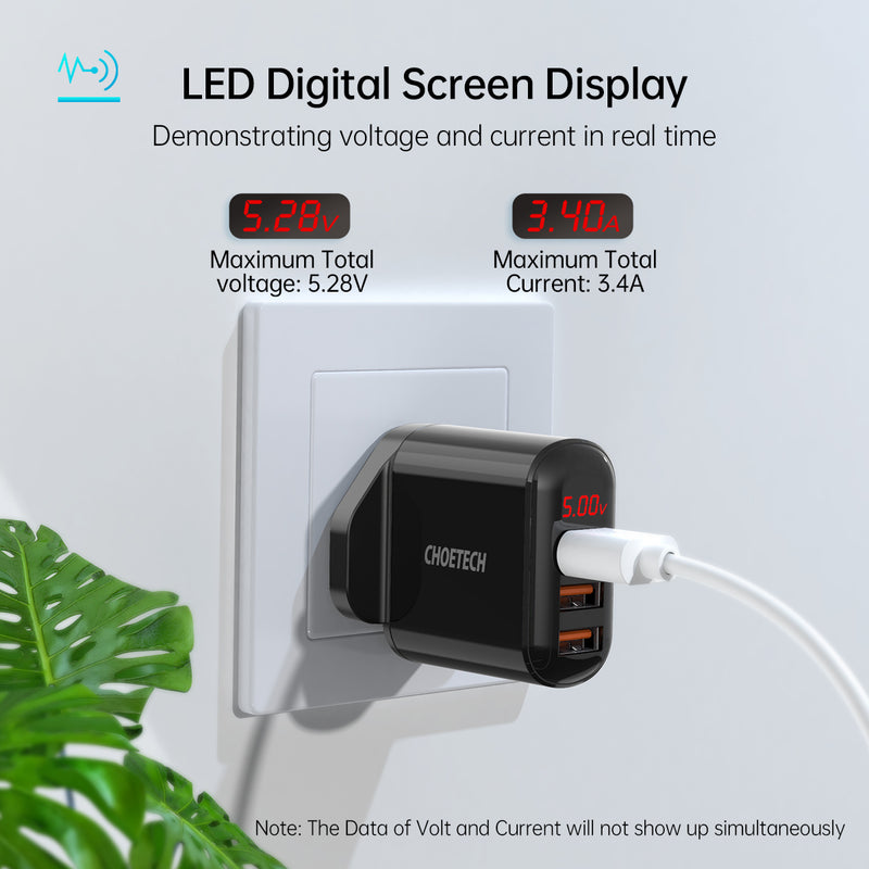 CHOETECH 3 Port USB Wall Charger with Digital Display - Q5009 - Smartzonekw