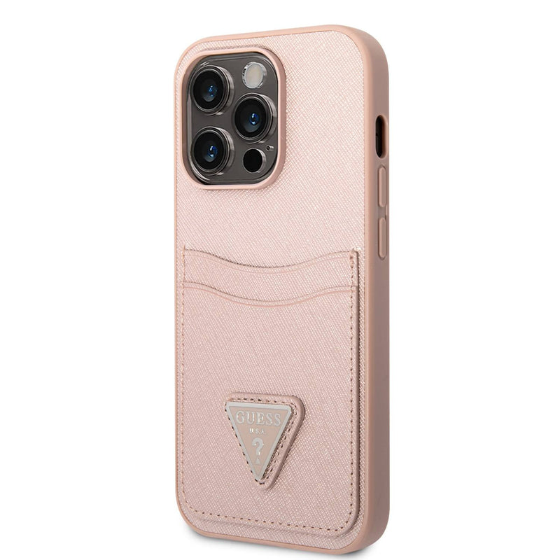Guess PU Saffiano Case with Double Cardslot & Metal Triangle Logo iPhone 14 Pro Compatibility - Pink-smartzonekw