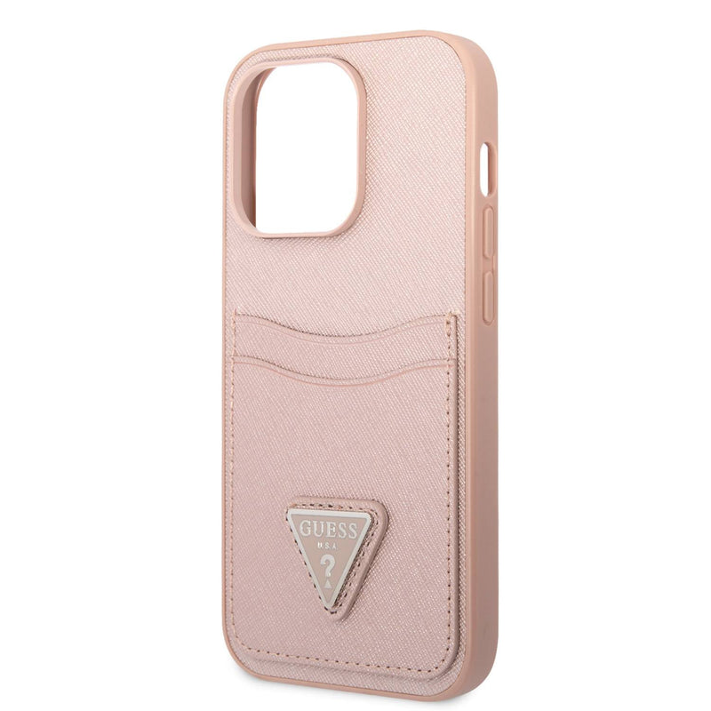 Guess PU Saffiano Case with Double Cardslot & Metal Triangle Logo iPhone 14 Pro Max - Pink-smartzonekw