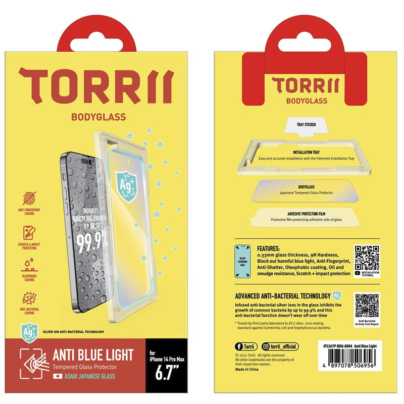 Torrii Bodyglass Screen Protector Anti-Bacterial Coating For iPhone 14 Pro Max (6.7) - Anti Blue Light Clear-smartzonekw