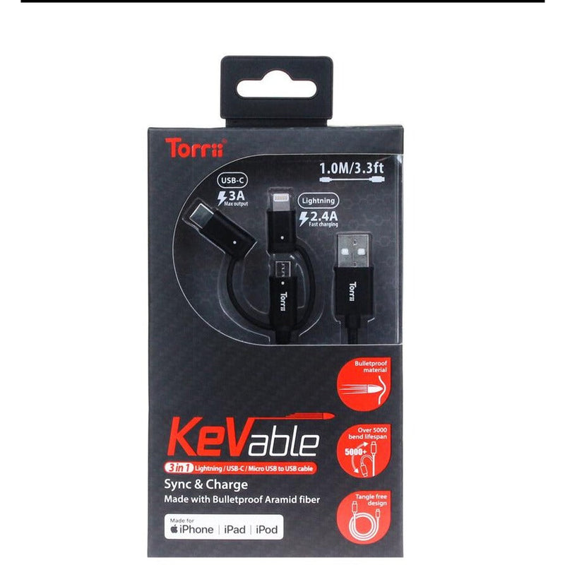 Torrii Kevable 3 in 1 MFI Lightning/Type-C/Micro USB Cable - Black-smartzonekw