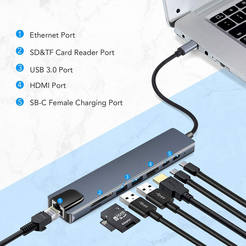 USB C Hub (8 in 1 Multifunction Adapter for MacBook & Windows) / USB Docking Station / 4K HDMI, HDTV, SD/TF card, RJ45, USB C-smartzonekw