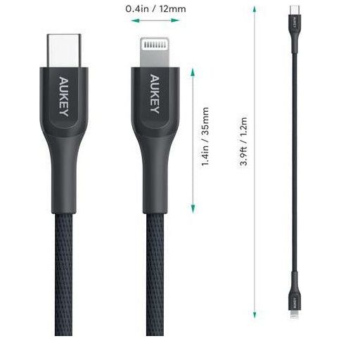 Aukey CB-AKL3 BK Kevlar Core Lightning to USB-C Cable (1.2m / 3.95ft) - Black - smartzonekw