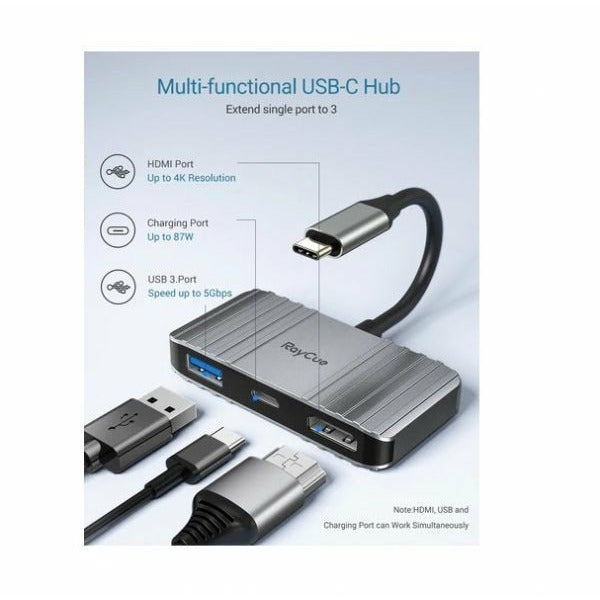 Kuwait RayCue 3 in 1 USB-C Hub - Gray (HC-RC2301)-smartzonekw