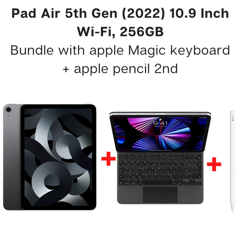 iPad Air 5th Gen (2022) 10.9 Inch Wi-Fi, 256GB - Space Gray + Apple Magic Keyboard (2021) Arabic/English + Apple Pencil 2-smartzonekw
