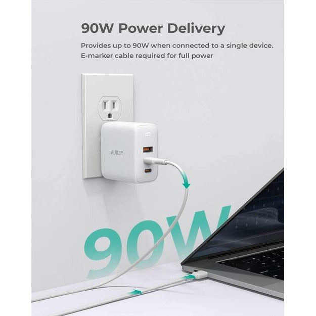 Aukey Omnia 90W 3-Port MacBook Pro Charger with GaN Fast Technology, PD Charger USB C Fast Charger USB C Laptop Charger - White - Smartzonekw