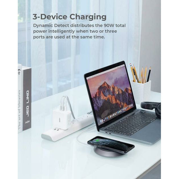 Aukey Omnia 90W 3-Port MacBook Pro Charger with GaN Fast Technology, PD Charger USB C Fast Charger USB C Laptop Charger - White - Smartzonekw