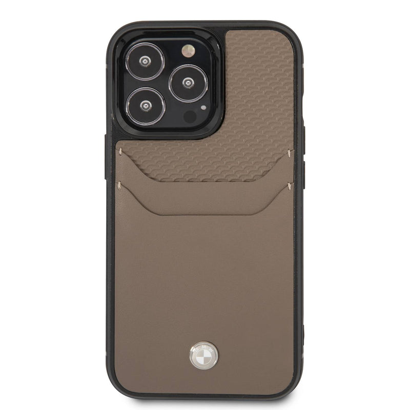 BMW Signature Collection Genuine Leather Case with Cardslot Embossed Pattern iPhone 14 Pro   - Taupe-smartzonekw