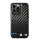 BMW M Collection Magsafe Compatibility PU Carbon Case with Bottom Horizontal Blue Line iPhone 14 Pro - Black-smartzonekw