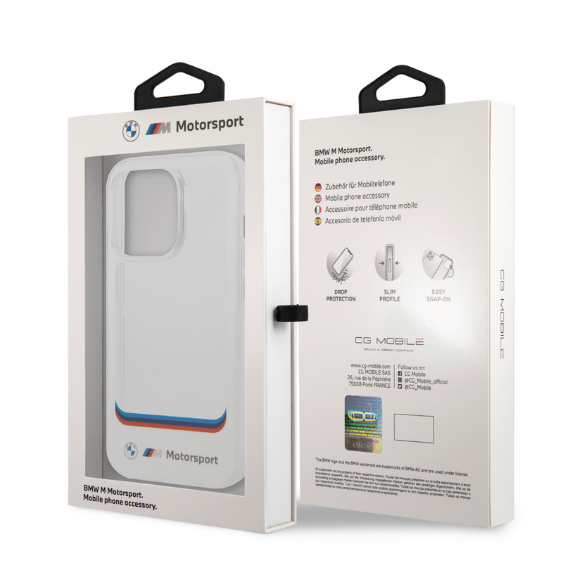 BMW Motorsport Collection PC/TPU IML Case Big Square Transparent and Printed Bottom Logo iPhone 14 Pro Max- White-smartzonekw