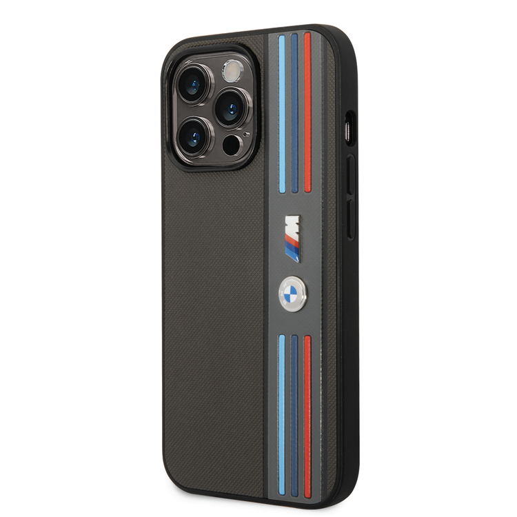 BMW M Collection PU Leather Mesh Case with Printed Tricolor Lines iPhone 14 Pro-smartzonekw