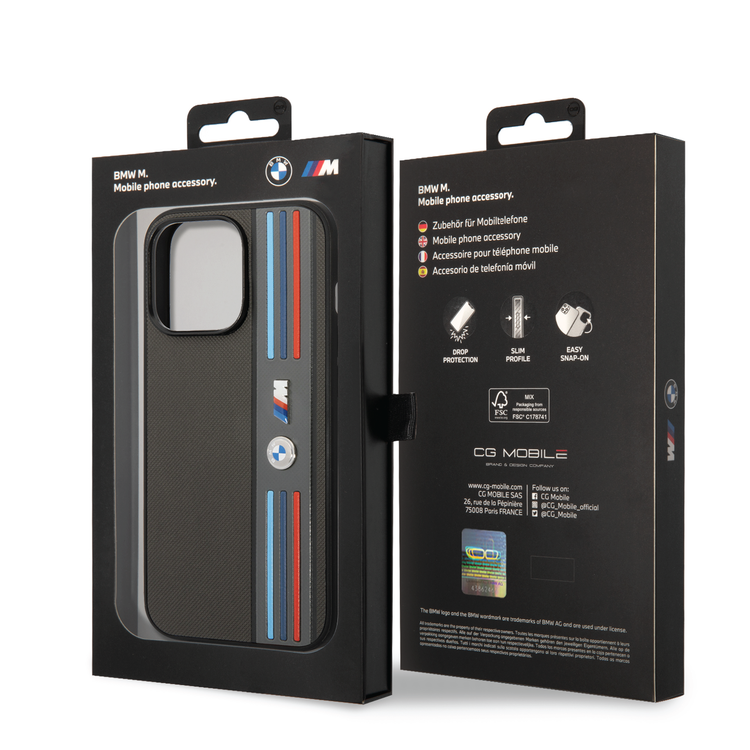 BMW M Collection PU Leather Mesh Case with Printed Tricolor Lines iPhone 14 Pro-smartzonekw