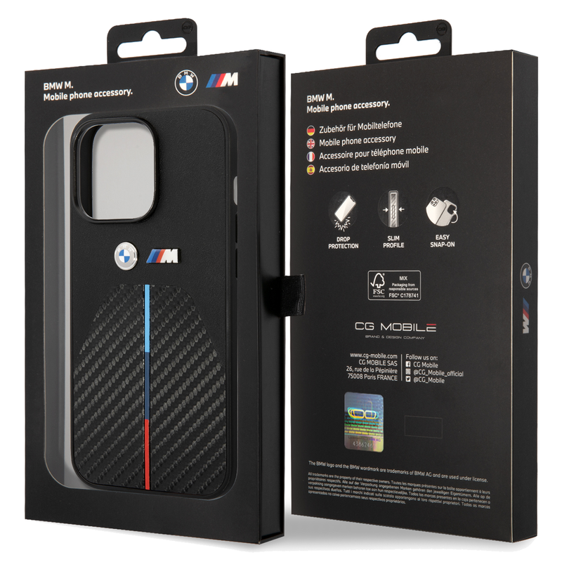 BMW M Collection Quilted PU Carbon Case with Hot Stamped Tricolor Stripe & Metal Logos iPhone 14 Pro - Black-smartzonekw