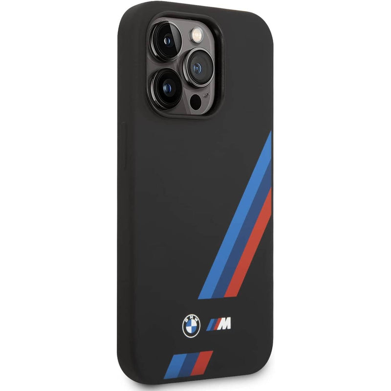 BMW M Collection Magsafe Compatibility Liquid Silicone Case Slanted Tricolor Stripes iPhone 14 Pro - Black-smartzonekw