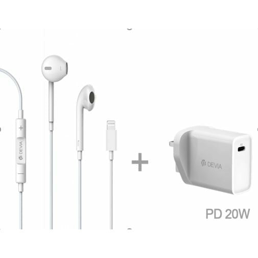 Devia PD Quick Charger Suit 20W (Charger UK + Lightning Earphone) - White - Smartzonekw