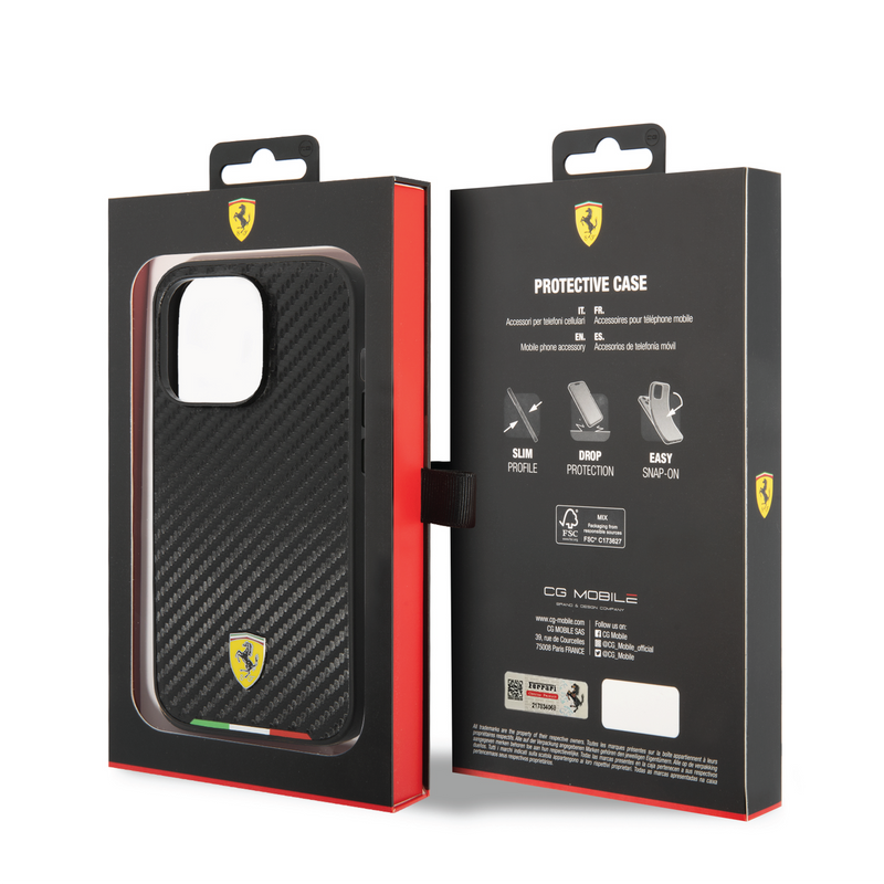 Ferrari Magsafe HC PU Carbon Effect Case with Italian Flag Line & Metal Logo for iPhone 14 Pro Max-smartzonekw
