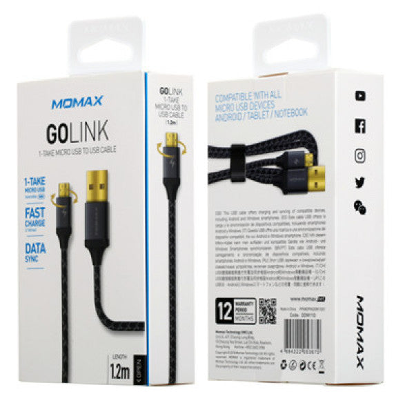 Momax GO Link 1.2m Micro USB to USB Cable (Black) -DDM11D - smartzonekwMomax GO Link  Micro USB to USB Cable 1.2m - Dark Gray (DDM11D)-smartzonekw